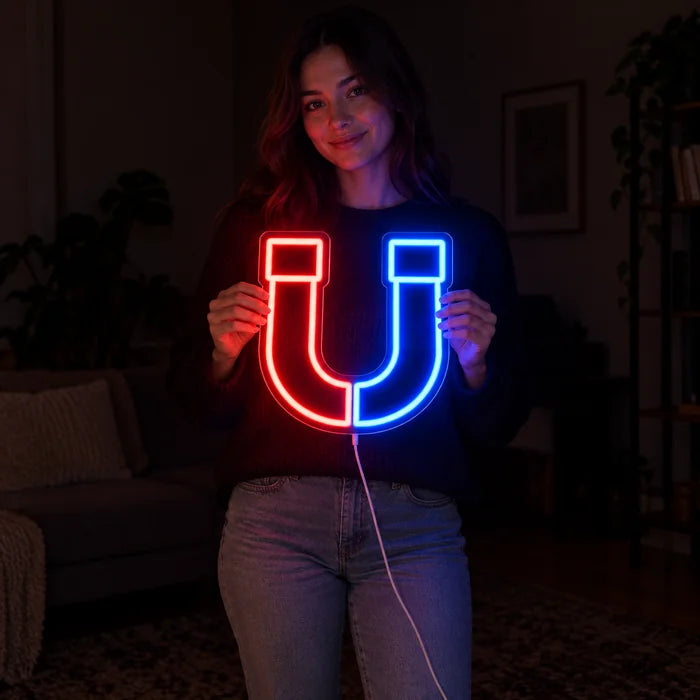 Anziehungskraft Neon LED Schild von einer Frau gehalten, zeigt die Größe im Vergleich zum Körper