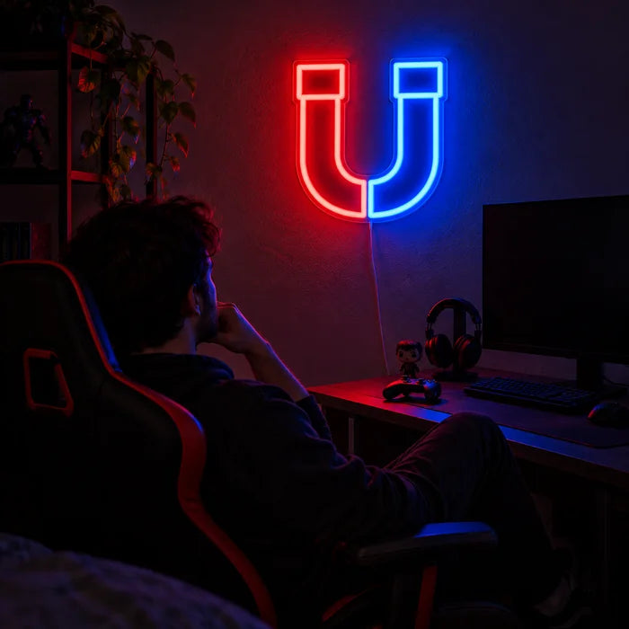 Anziehungskraft Neon LED Schild über dem Gaming-Schreibtisch, davor ein Spieler im Gaming-Stuhl