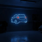 Neon-Silhouette eines Ford Focus Hatchback, die Heckstoßstange und Endrohre des sportlichen Modells sind deutlich hervorgehoben.