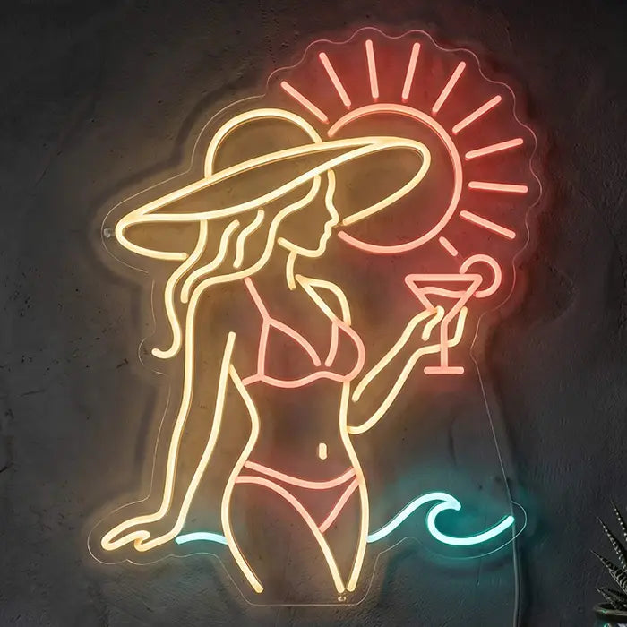 Beach Mood Neon LED Schild – Strand-Mood Frau als Wanddeko für Beachclub