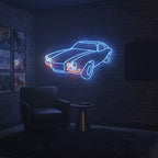 Grafische Darstellung eines Vintage-Autos als modernes Neonschild, das einen Retro-Vibe vermittelt