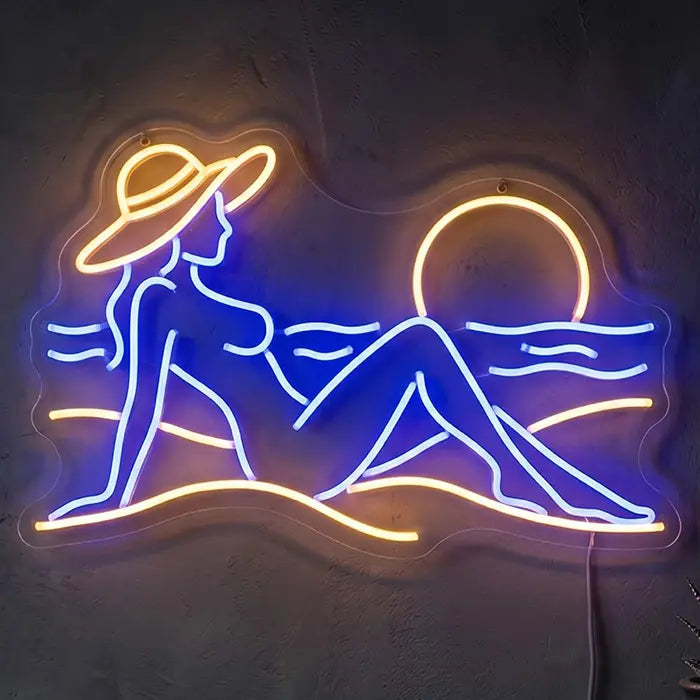 Blue Sunrise Beach Vibes Neon LED Schild – Sonnenuntergang Strand-Motiv als Wanddeko