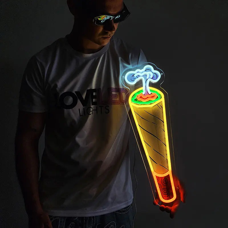 Leuchtendes Neonschild in Form einer Tüte mit Rauch – modernes LED Design