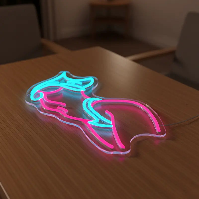 Auffälliges LED-Schild mit dem Umriss eines Körpers, wobei die Akzente in Pink und leuchtendem Weiß sind.
