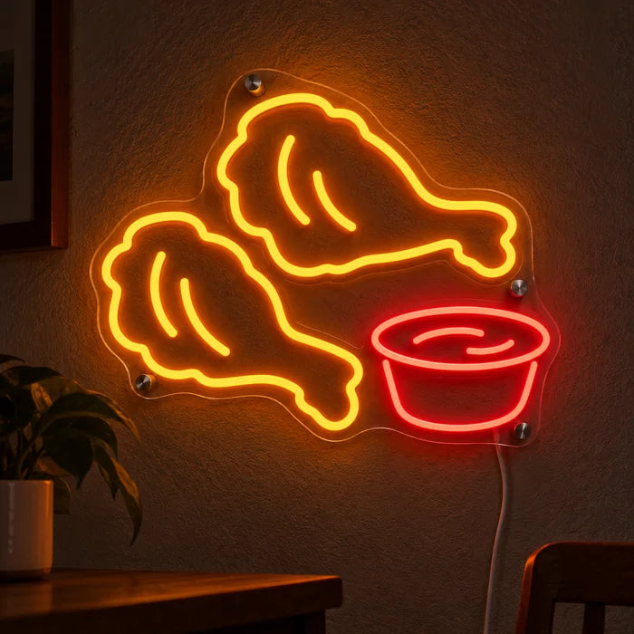 Chicken Nuggets Neon LED Schild leuchtend an einer dunklen Wand, Nahaufnahme mit Anschlusskabel
