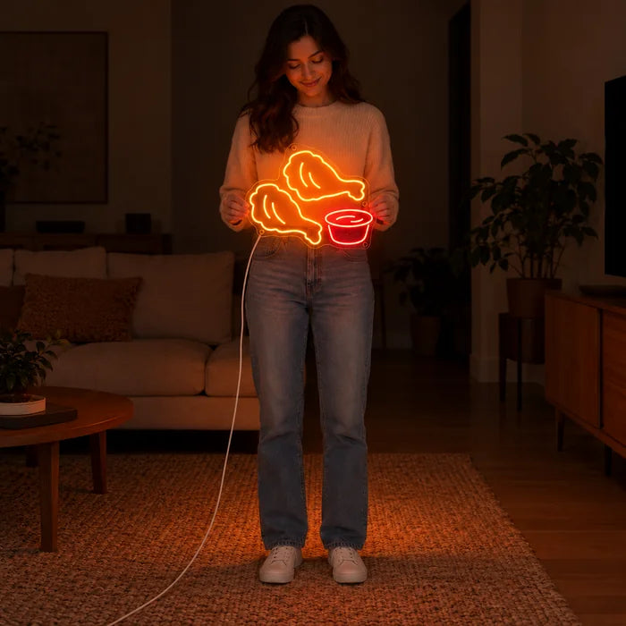 Chicken Nuggets Neon LED Schild von einer Frau gehalten, zeigt die Größe im Vergleich zum Körper