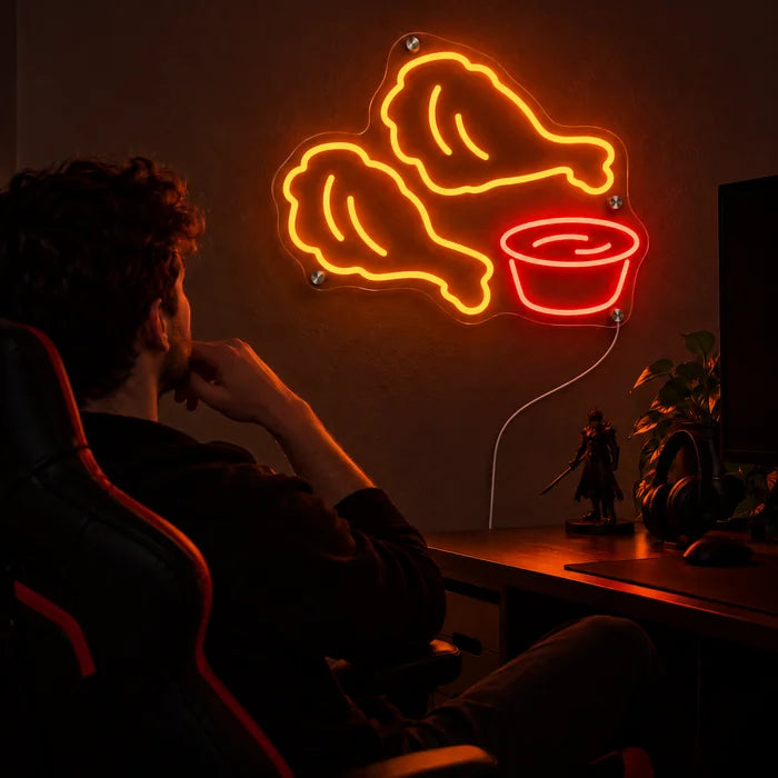 Chicken Nuggets Neon LED Schild über dem Gaming-Schreibtisch, davor ein Spieler im Gaming-Stuhl