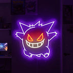 Maßgeschneidertes Gengar Neon-Flex-Schild, bei dem die lila, orangefarbenen und weißen LED-Röhren im Dunkeln stark hervortreten