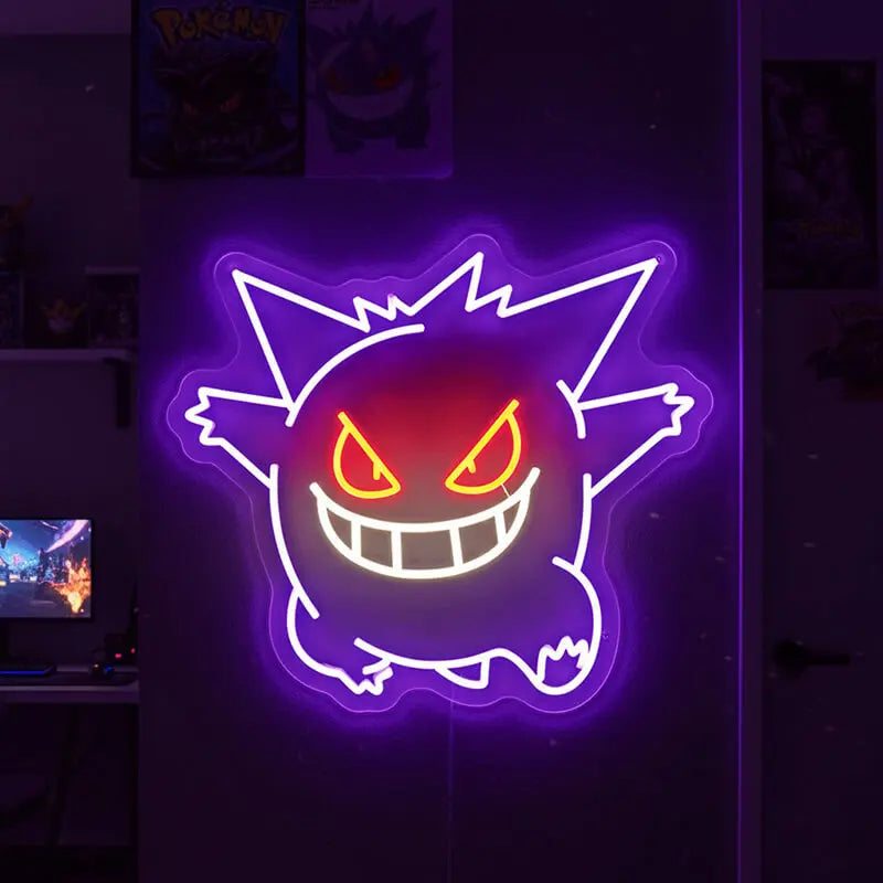 Maßgeschneidertes Gengar Neon-Flex-Schild, bei dem die lila, orangefarbenen und weißen LED-Röhren im Dunkeln stark hervortreten