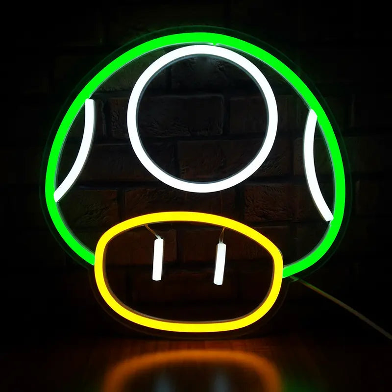 Custom-Neon-Sign des Superpilzes als Power-Up, mit einer grünen Kappe und einem gelben Fuß.
