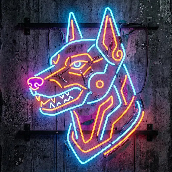 Cyber Dog Neon LED Schild – futuristischer Cyberpunk Hund als Gaming-Wanddeko