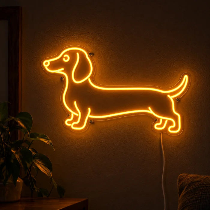 Dackel Neon LED Schild leuchtend an einer dunklen Wand, Nahaufnahme mit Anschlusskabel