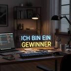 Dekorativer Spruch als Neon-Licht, beleuchtet in kühlem Blau und warmem Gelb, perfekt für moderne Inneneinrichtung.