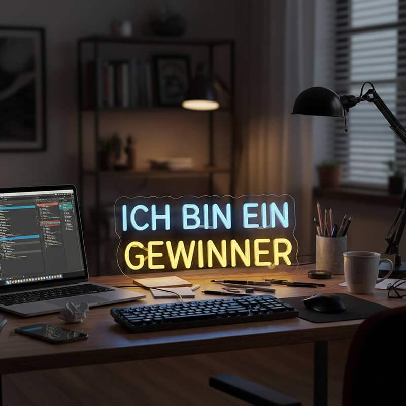 Dekorativer Spruch als Neon-Licht, beleuchtet in kühlem Blau und warmem Gelb, perfekt für moderne Inneneinrichtung.
