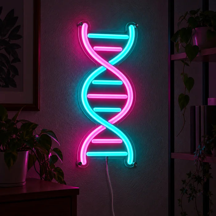 DNA-Spirale Neon LED Schild leuchtend an einer dunklen Wand, Nahaufnahme mit Anschlusskabel
