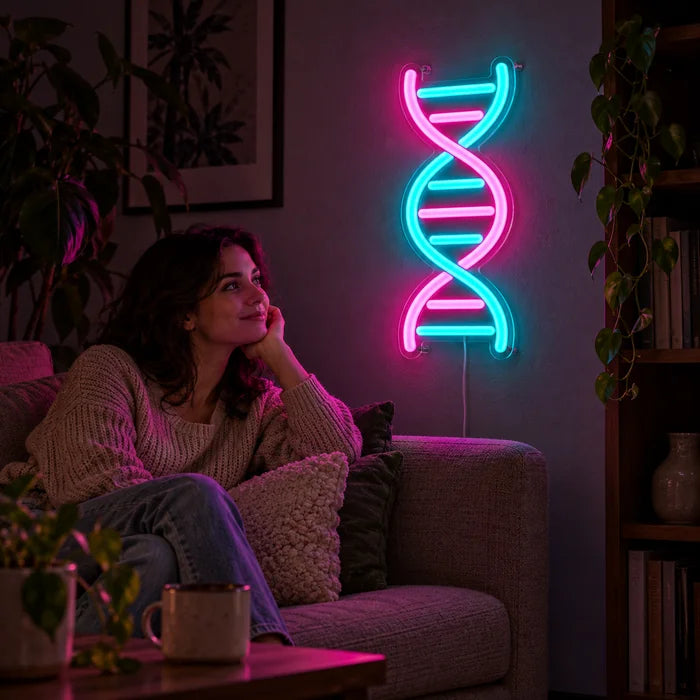 DNA-Spirale Neon LED Schild an der Wohnzimmerwand, davor entspannt eine Person auf dem Sofa