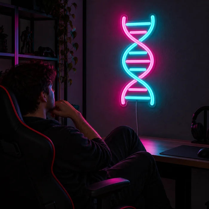 DNA-Spirale Neon LED Schild über dem Gaming-Schreibtisch, davor ein Spieler im Gaming-Stuhl