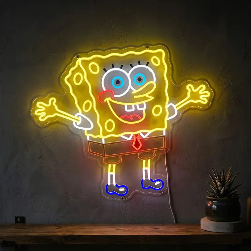 Happy Schwammkopf Neon LED Schild – SpongeBob Charakter als 12V Wanddeko auf 6 mm Acrylglas