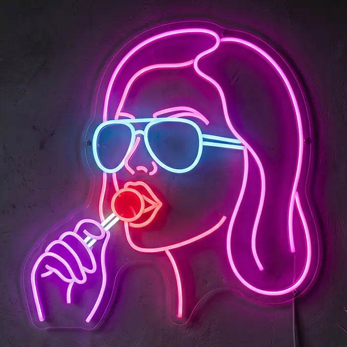 Girl mit Lollipop Neon LED Schild – Dimmbar mit Fernbedienung | Pop-Art Wanddeko