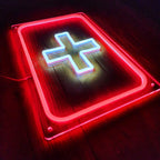 Neon-Symbol für Rettungsdienst oder Apotheke, mit einem dicken, weißen Kreuz und einem hellroten Leucht-Rechteck.