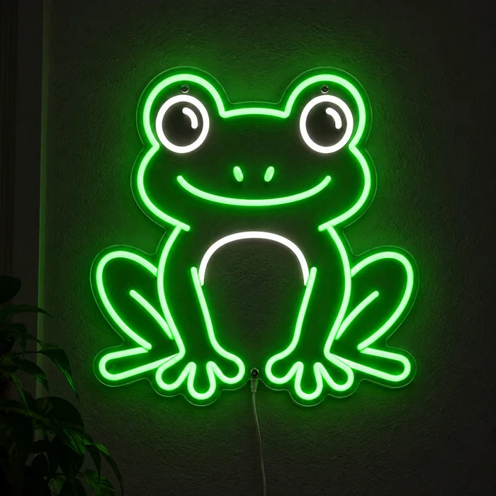 Froschfreund Neon LED Schild leuchtend an einer dunklen Wand, Nahaufnahme mit Anschlusskabel