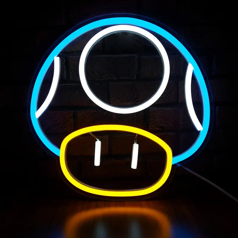 LED-Gaming-Deko: Ikonisches Pilz-Symbol (Toad) aus Mario Bros. mit roten Konturen und weißer Kappe.
