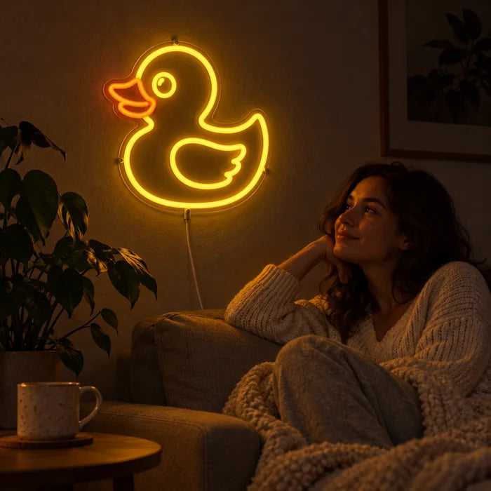 Gelbe Ente Neon LED Schild an der Wohnzimmerwand, davor entspannt eine Person auf dem Sofa