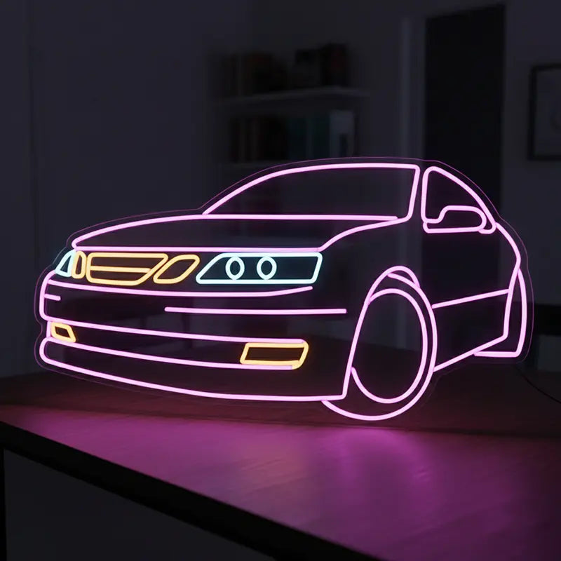 Stilisiertes LED-Neon-Schild der schwedischen Limousine Saab 9-5 (erste Generation) in den Farben Violett, Orange und Hellblau