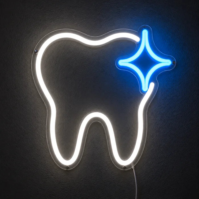 Glänzender Zahn Neon LED Schild leuchtend an einer dunklen Wand, Nahaufnahme mit Anschlusskabel