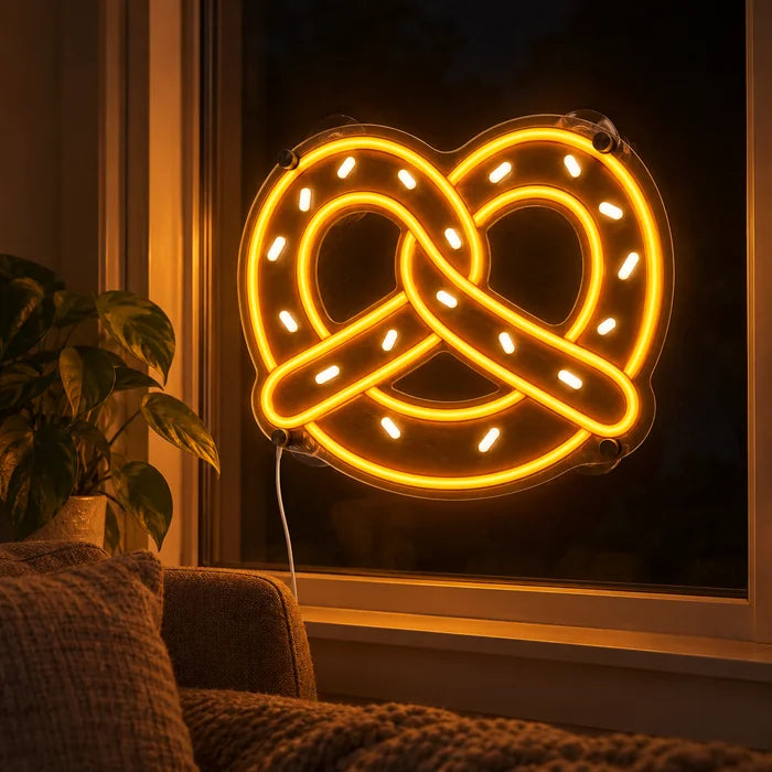 Goldene Brezel Neon LED Schild abends im Fenster eines gemütlichen Wohnzimmers