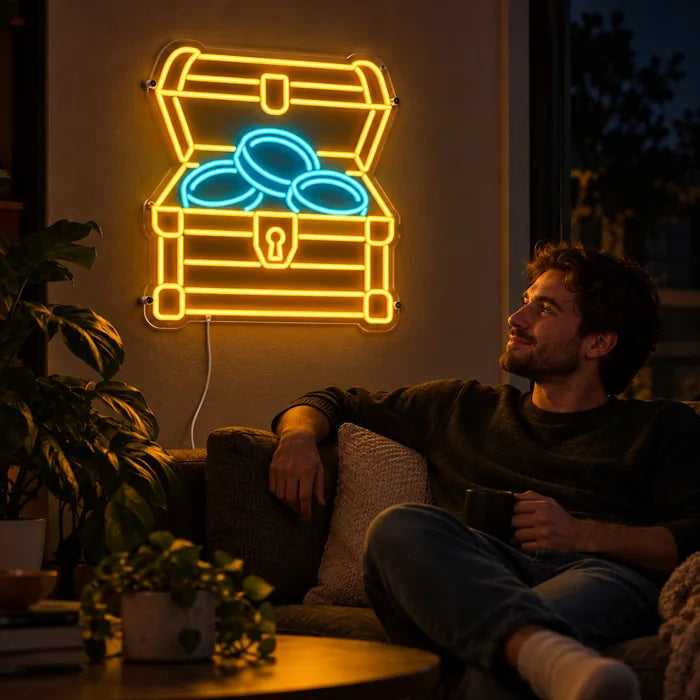 Goldschatz Neon LED Schild an der Wohnzimmerwand, davor entspannt eine Person auf dem Sofa