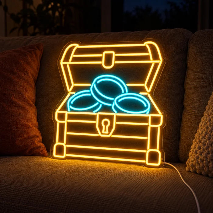 Goldschatz Neon LED Schild auf einem gemütlichen Sofa zwischen Kissen und Decke