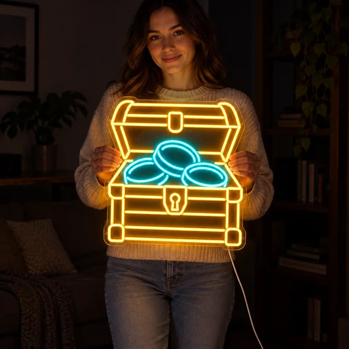 Goldschatz Neon LED Schild von einer Frau gehalten, zeigt die Größe im Vergleich zum Körper