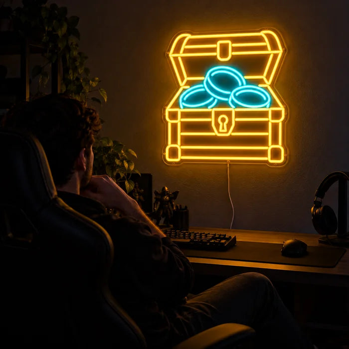Goldschatz Neon LED Schild über dem Gaming-Schreibtisch, davor ein Spieler im Gaming-Stuhl