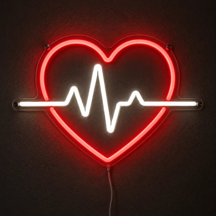 Herzschlag Neon LED Schild leuchtend an einer dunklen Wand, Nahaufnahme mit Anschlusskabel