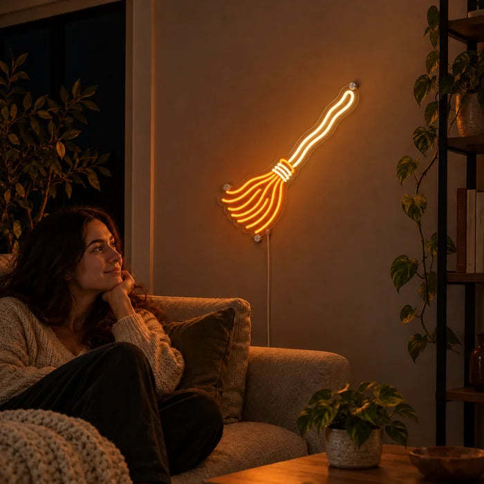 Hexenbesen Neon LED Schild an der Wohnzimmerwand, davor entspannt eine Person auf dem Sofa