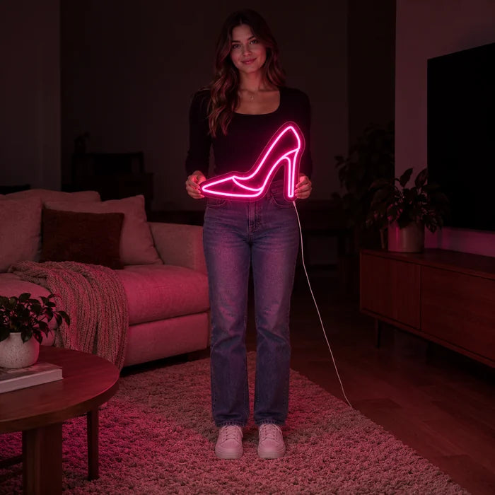 High Heel Neon LED Schild von einer Frau gehalten, zeigt die Größe im Vergleich zum Körper