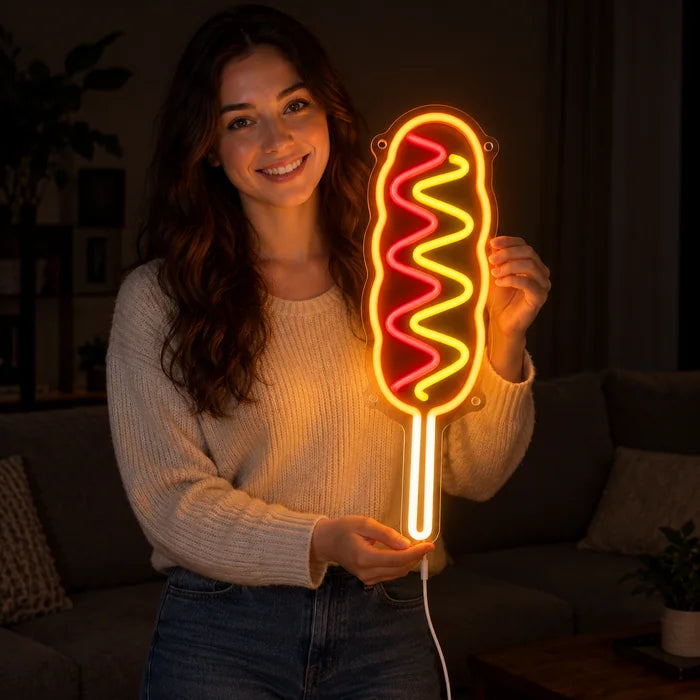 Hotdog am Stiel Neon LED Schild in den Händen einer lächelnden Frau vor dunklem Hintergrund