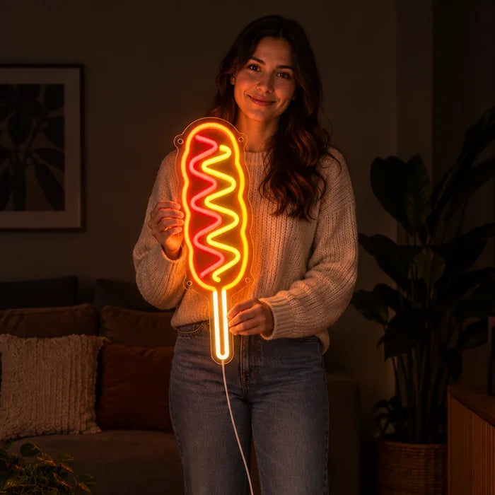 Hotdog am Stiel Neon LED Schild von einer Frau gehalten, zeigt die Größe im Vergleich zum Körper