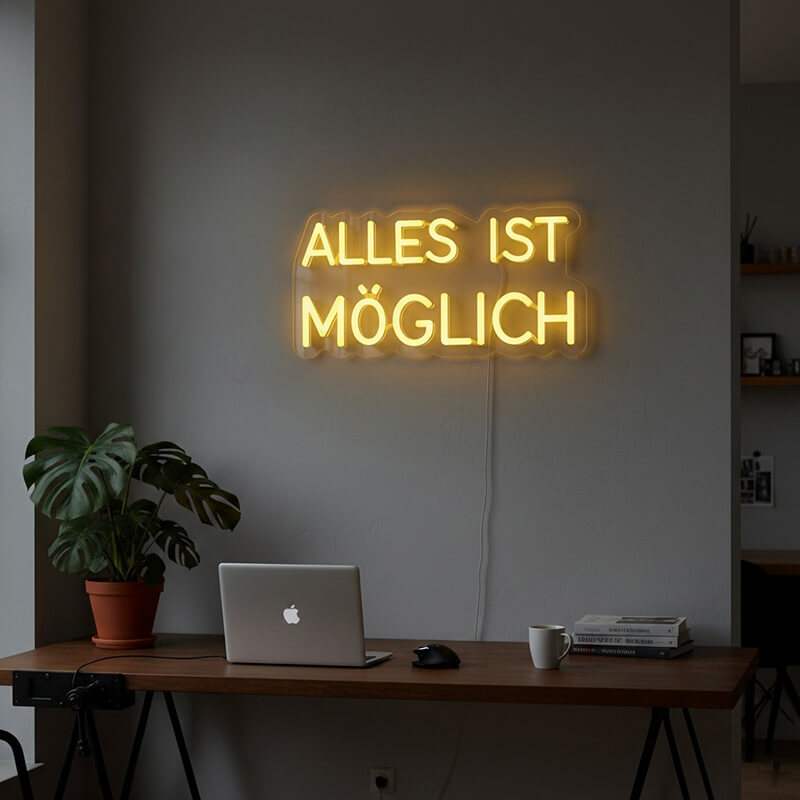 Nahaufnahme eines ästhetischen Neon-Schildes, das einen optimistischen Spruch in einer dicken, gut lesbaren Schriftart beleuchtet.