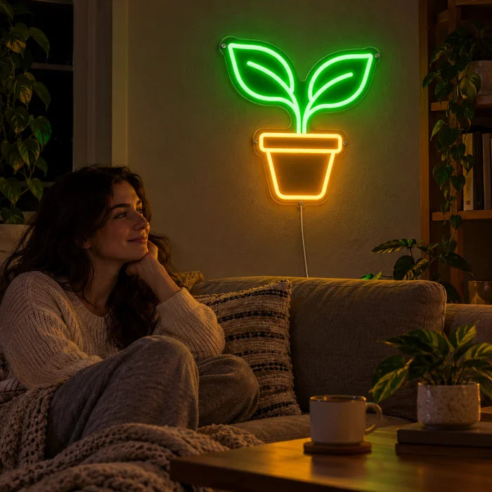 Kleiner Sprössling Neon LED Schild an der Wohnzimmerwand, davor entspannt eine Person auf dem Sofa