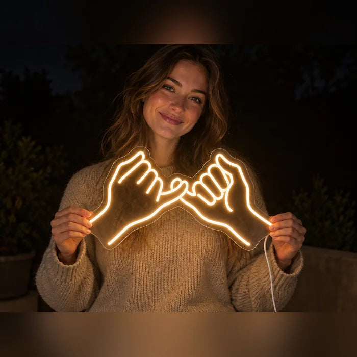 Kleines Versprechen Neon LED Schild in den Händen einer lächelnden Frau vor dunklem Hintergrund