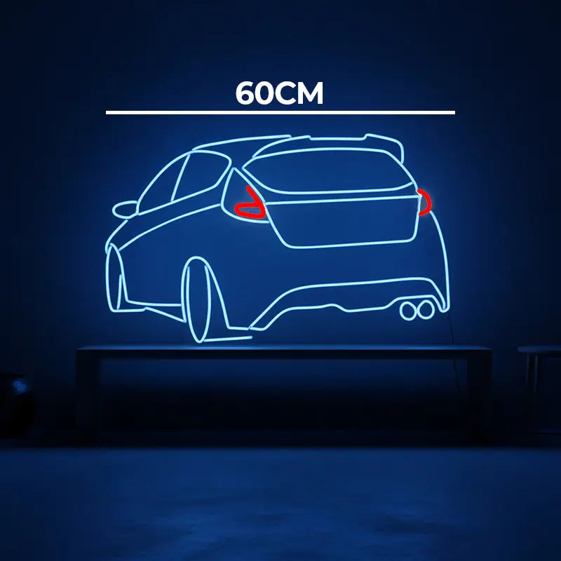 Stylisches Deko-Neon-Licht in intensivem Blau, das den Umriss eines sportlichen Ford Kompaktwagens aus der Heckperspektive darstellt.