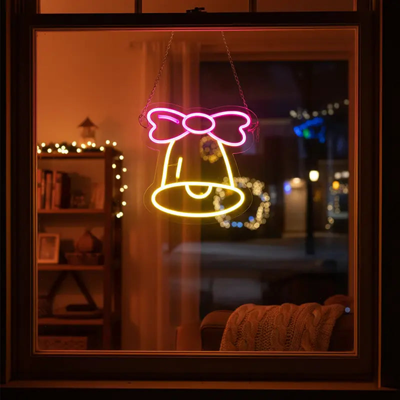 Glöckchen Neon LED Schild beleuchtet pink gold – Adventszeit Deko
