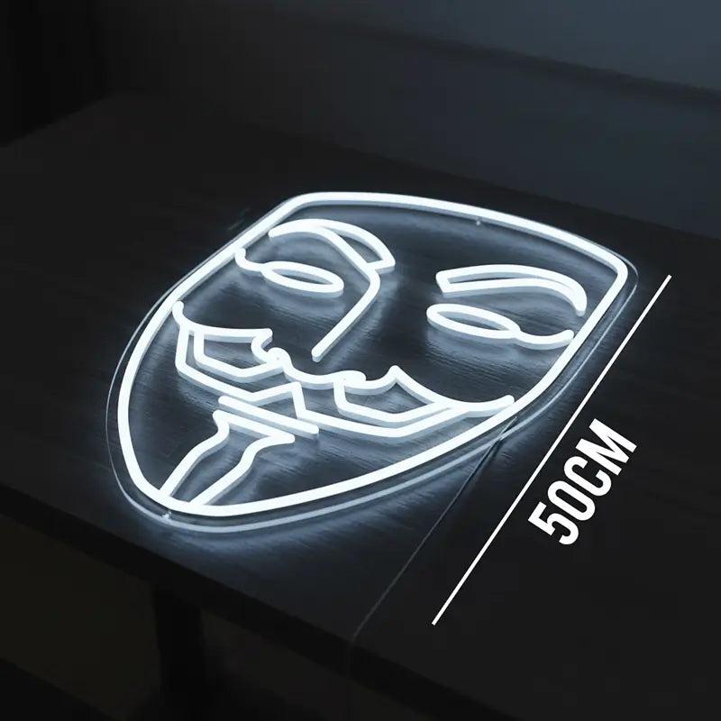 Anonymous Maske Neon LED Schild USB – weißes Leuchtschild für Wohnzimmer oder Bar
