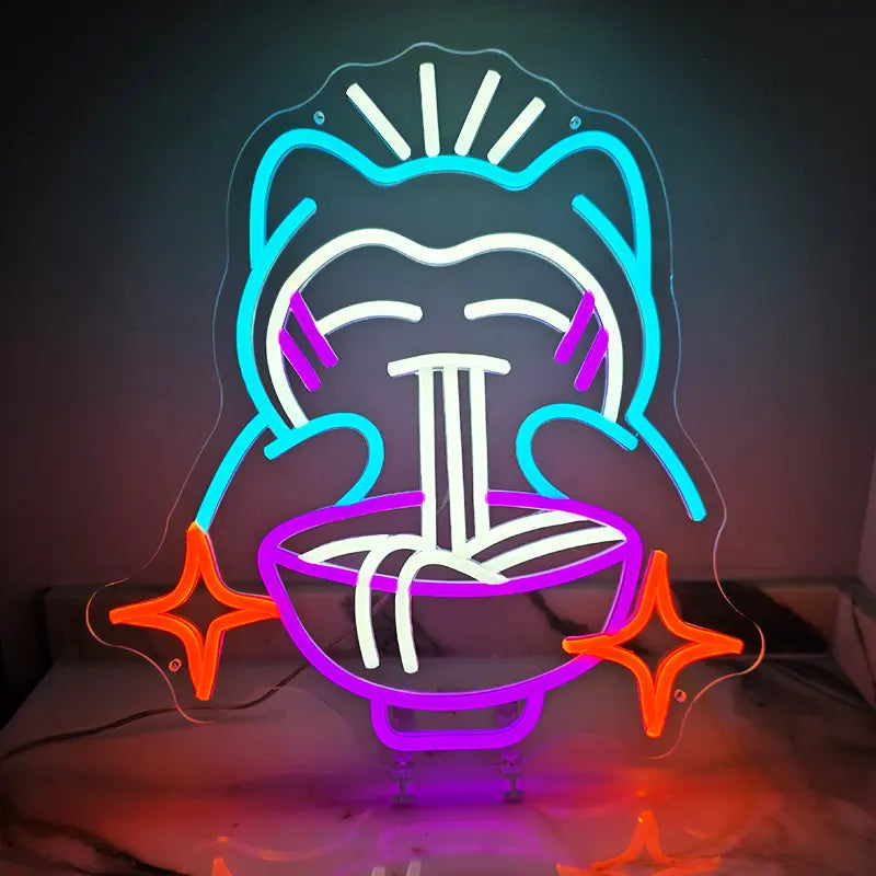Hochwertiges LED-Neon-Schild auf Acrylglas mit Relaxo beim Nudelessen und leuchtenden Stern-Akzenten
