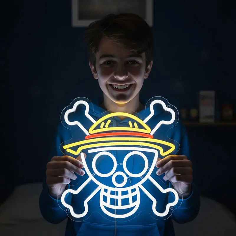 Helles Neonlicht mit Schädel und Kreuzknochen – auffällige Party-Deko