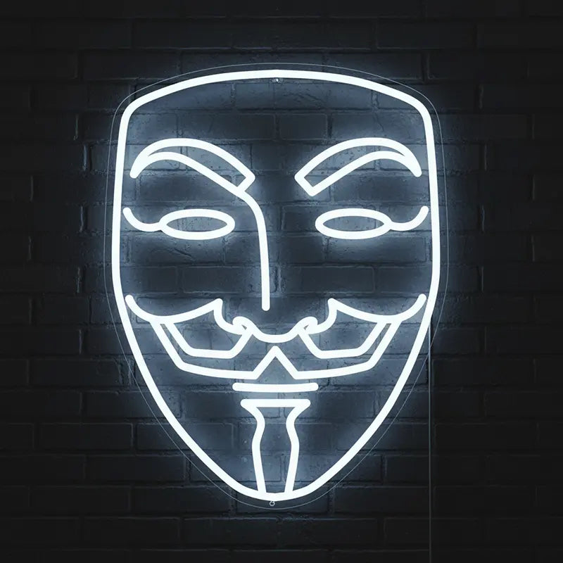Helles weißes Neonlicht mit Maskenmotiv – perfekte Wanddeko für Partys