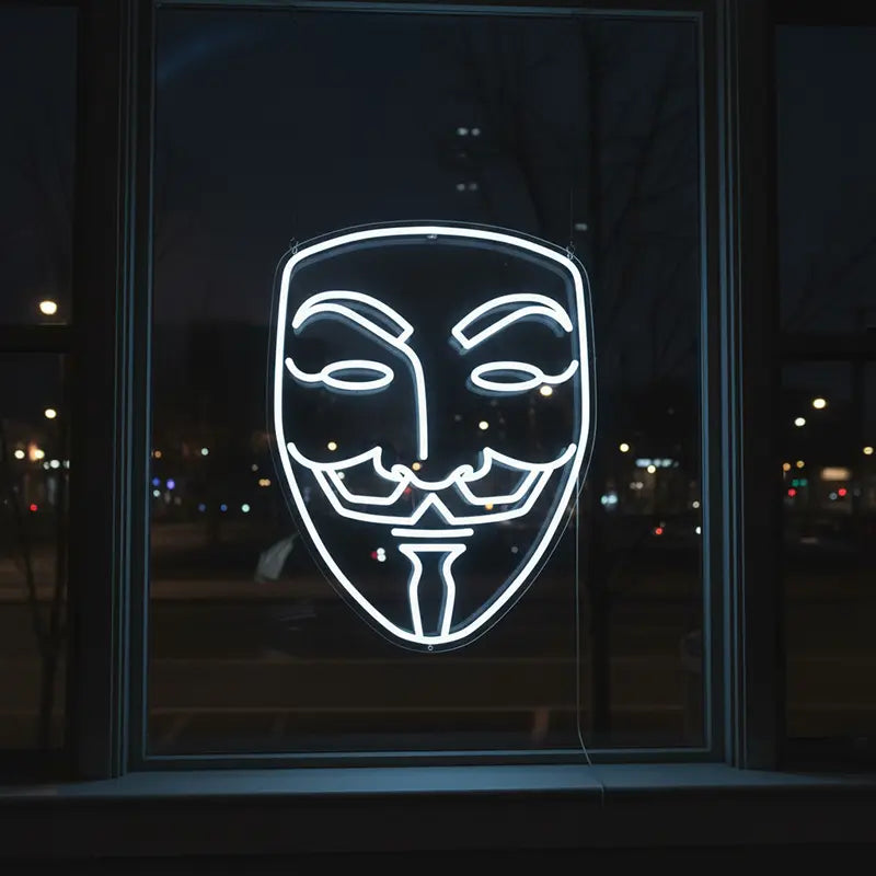 Anonymous Maske als LED Neonschild – stylisches Licht für Wandgestaltung