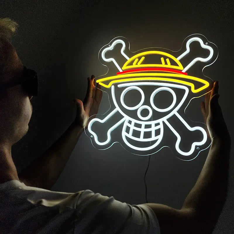 One Piece Piraten Neon LED Schild – Totenkopf Knochen-Symbol als handgefertigte LED-Wanddeko